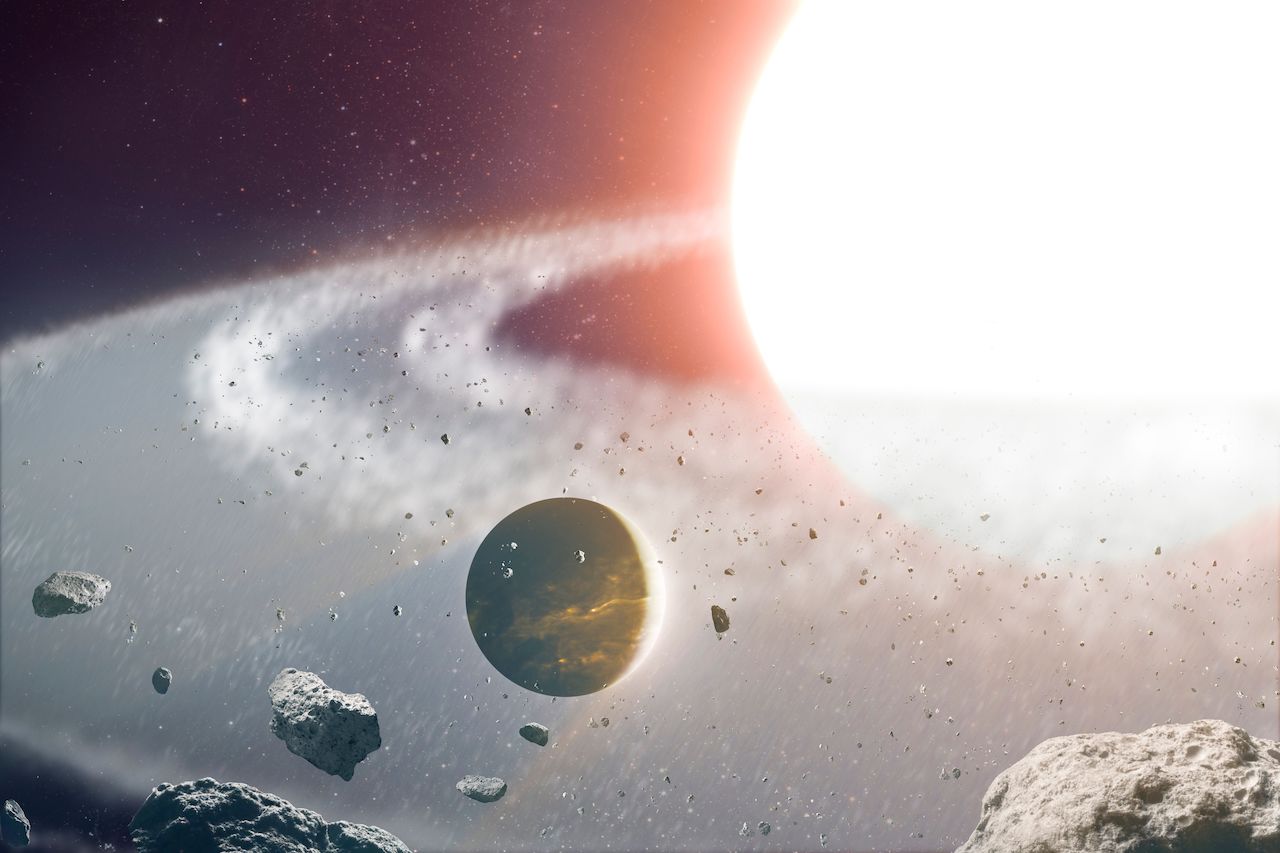 An illustration shows a large, gaseous planet on the lower left, its large bright planet orbiting amid rocky debris. The exoplanet 8 Ursae Minoris b – also known as "Halla" – is shown amid the field of debris after a violent merger of two stars. The planet might have survived the merger, but also might be an entirely new planet formed from the debris. Image credit: W. M. Keck