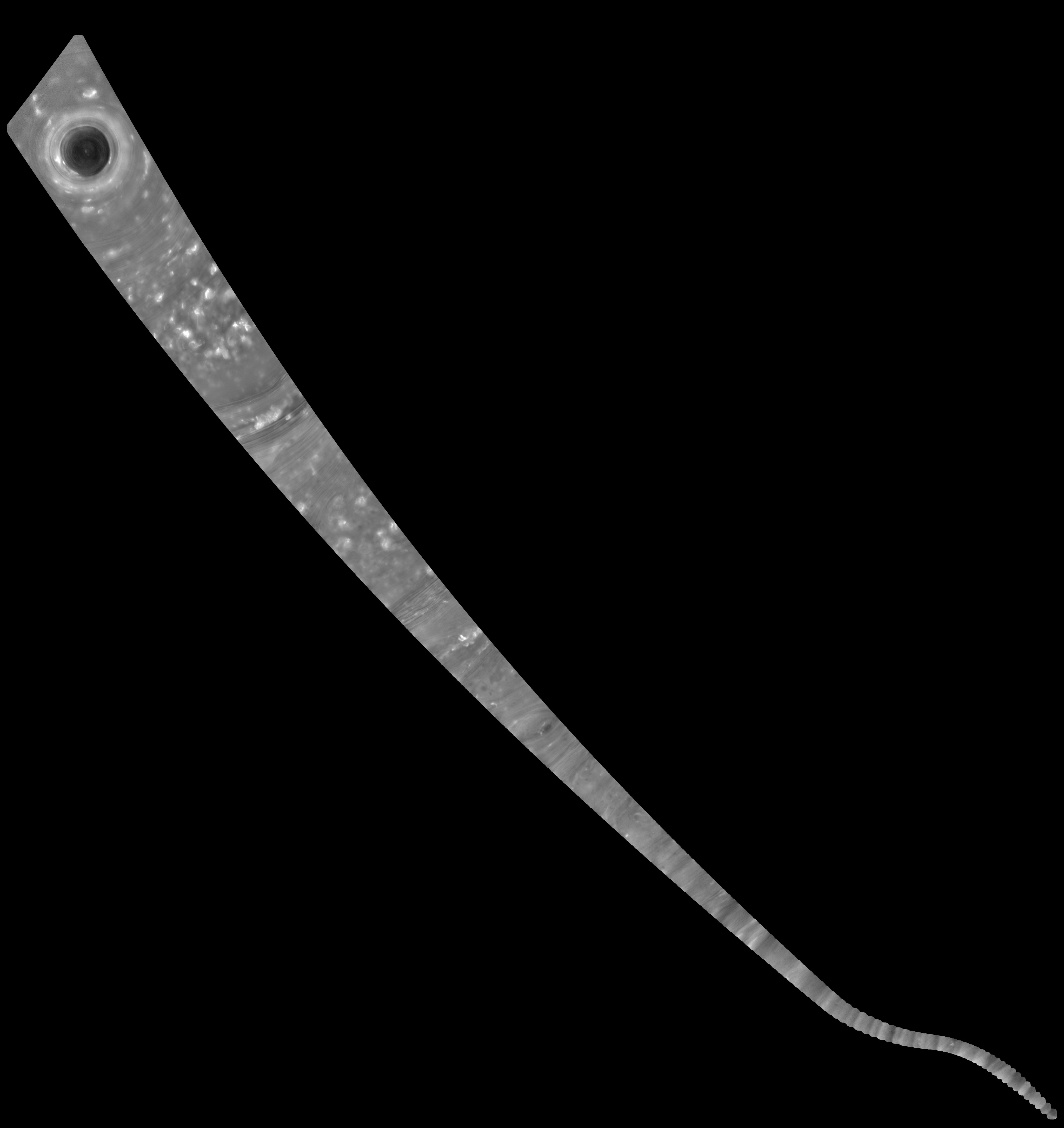 Long, narrow noodle-like image showing a strip of Saturn's atmosphere.