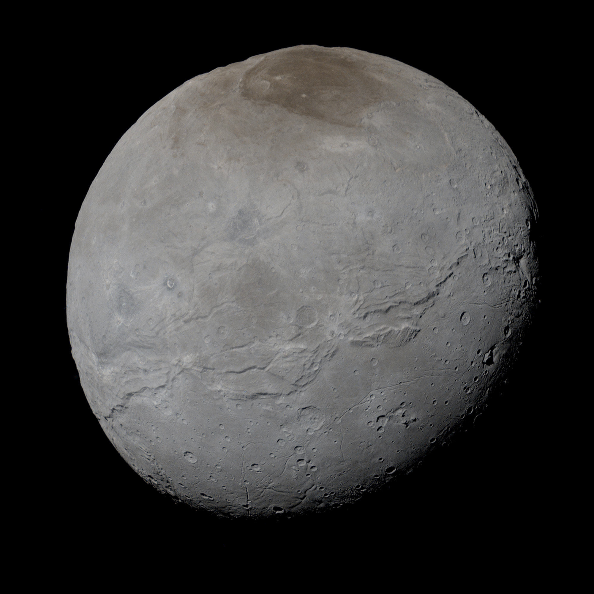 Grayish image of moon Charon.