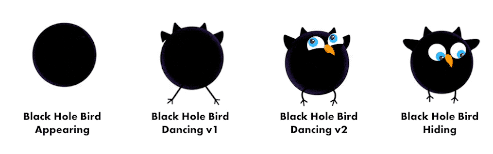 Cartoon black birds representing black holes in a number of different poses and with different expressions.