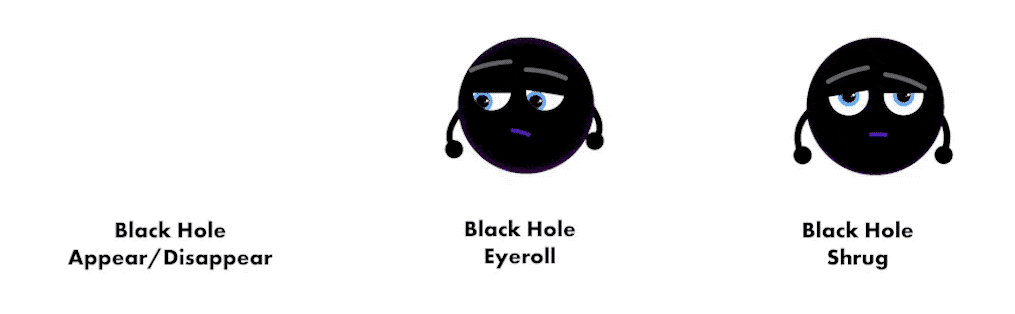 Animated GIFs of a cartoon black hole in different positions and showing different expressions.