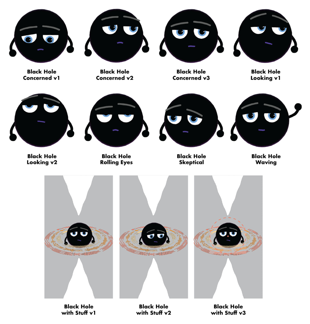 A black hole cartoon in a number of positions and with different expressions.