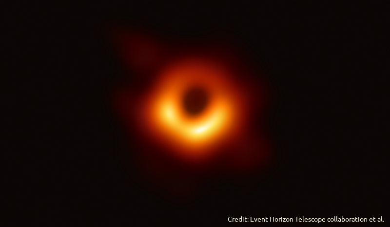 sing the Event Horizon Telescope, scientists obtained an image of the shadow of the black hole at the center of galaxy M87. This donut-shaped image glows in orange against a black background. The bottom portion of the “dount” is brighter, appearing almost white in places. The image shows emission from hot gas swirling around the black hole under the influence of strong gravity near its event horizon.