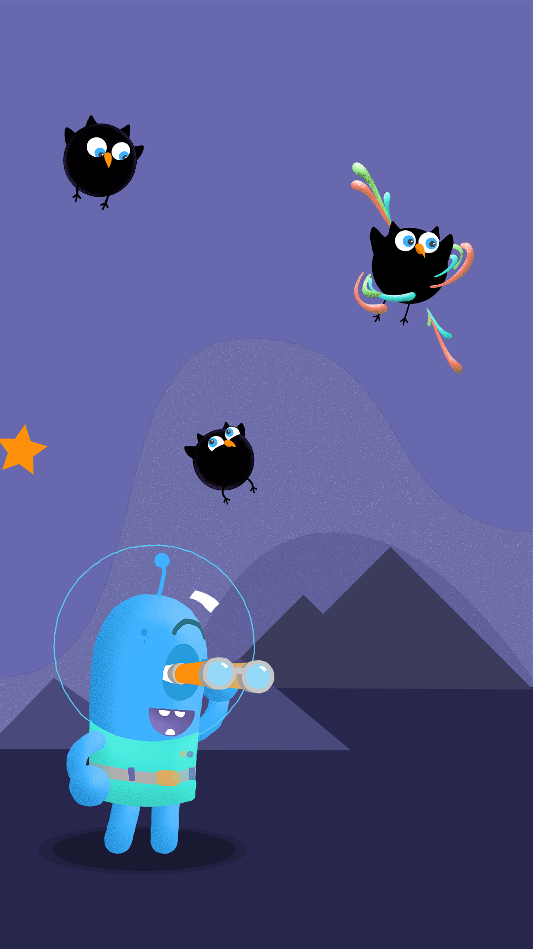 A vertical image with a blue cartoon character looking through binoculars as black hole birds fly above them.