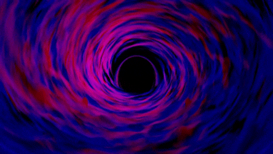 This animated gif of supercomputer data takes you to the inner zone of the accretion disk of a stellar-mass black hole. Purple and blue-colored swirls spin in toward a central black circle.