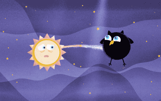Against a purple background dotted with orange stars, a black hole bird and a small star orbit each other. The black hole bird character is a round black bird, representing a black hole, with an orange beak, two round eyes, two small horn-shaped ear tufts on top of their head, small wings on either side, and narrow stick-like legs. As they circle the small star, they flap their wings, spin around, and bop their head. The small star character is depicted as a large yellow circle with pulsating yellow and orange spikes around its edges. There is a stream of particles streaming from the small star to the black hole. There’s a bright flash from near the black hole bird, and when it is visible again it has a disk of pink and blue swirls representing an accretion disk.