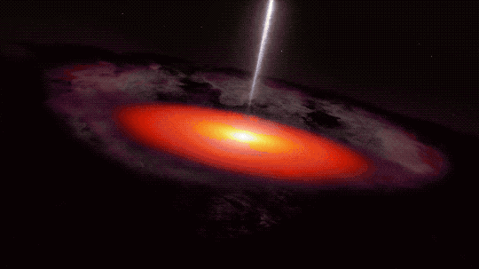 This animated GIF opens with us looking over a dark, dusty, donut-shaped cloud of material with a glowing red disk embedded in the over-sized donut hole. Our view changes to show the glowing disk face-on. The glowing material is dark red at its outer edge with the color changing from red to orange to yellow, and finally, to white at the center. Unseen in this image is a black hole right at the center of that disk. Rising from the disk is a white, narrow beam of particles that are being accelerated away. At the end, the base of the disk nearest to the jet pulses and a knot of light travels away from the disk along the jet.
