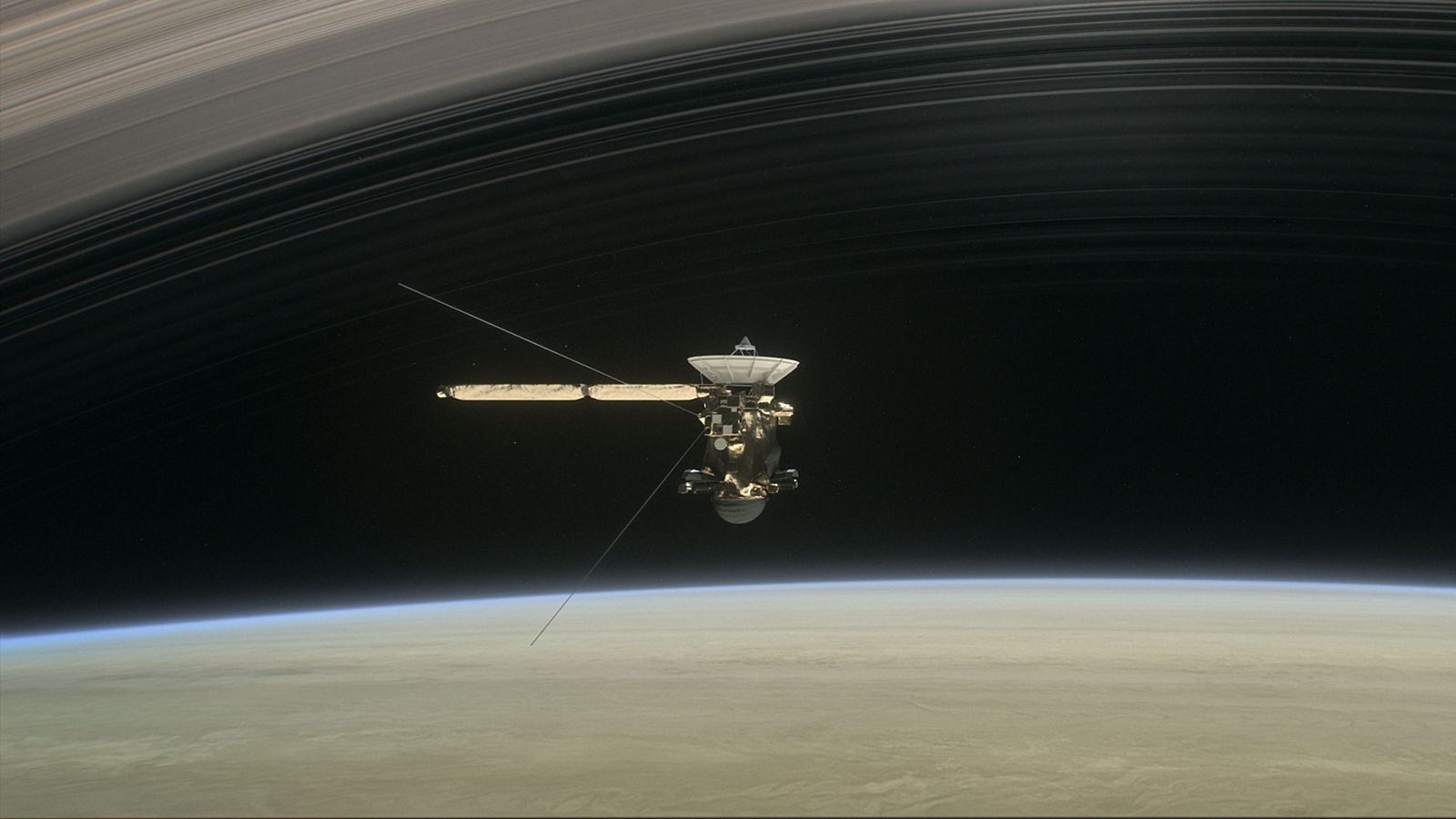 Color illustration of Cassini diving between Saturn and its innermost ring.