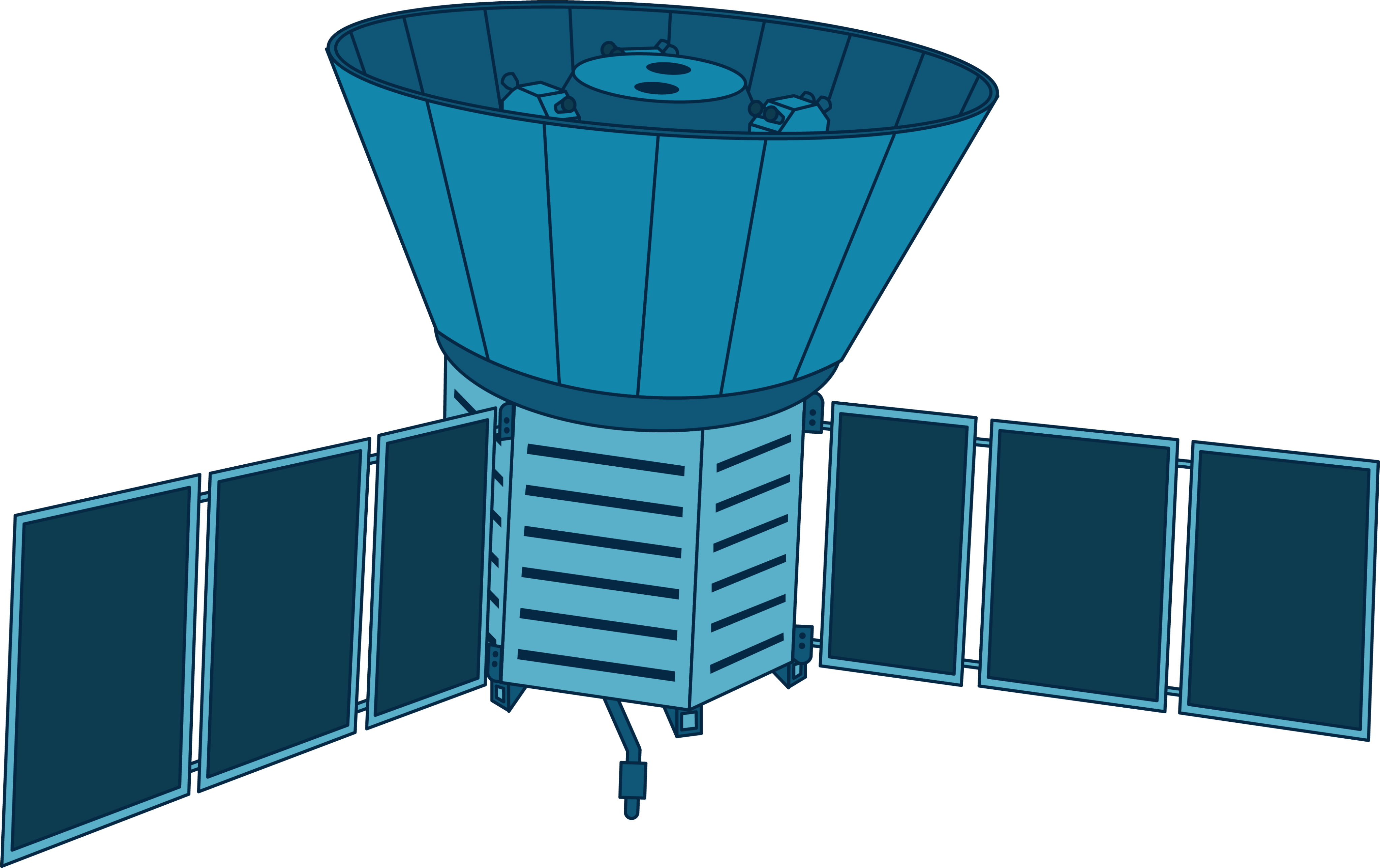 COBE is illustrated in light and dark blues. With two wings made up of three rectangular solar arrays each, the spacecraft's main body is made up of a striped, multi-sided cylinder with an attached cone-shaped structure on top.