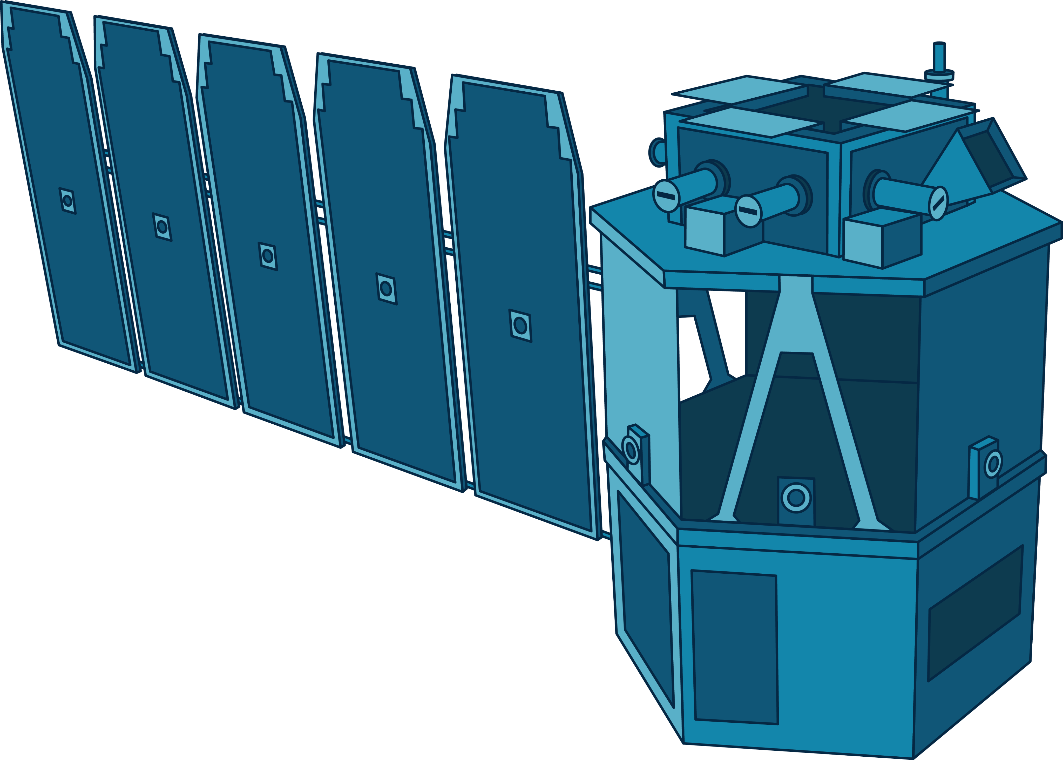 COSI is illustrated in light and dark blues. The spacecraft has a hexagonal body topped with a box with various attachments. One solar panel extends to the left side of the satellite’s body.
