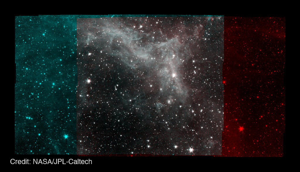This image shows two overlapping, but offset, images of the California Nebula. A central square where they overlap shows a black stary background with a cloudy gray nebula swoosh taking up about a third of the image. The image continues to the left of the square in blue hues, representing the image from one of the Spitzer detectors. The other image continues to the right in red hues, from another detector. Credit: NASA/JPL-Caltech