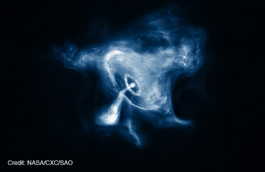 The X-ray emission from the Crab nebula is shown in shades of blue. At the center is a bright ball surrounded by an oval of light whose long axis is tilted just to the left. Rising up and to the right from that oval is a cloud of material that looks like a witch’s hat with a broad brim and dented point. From the central ball there is also a bent stream of material to the left and downward. Credit: NASA/CXC/SAO