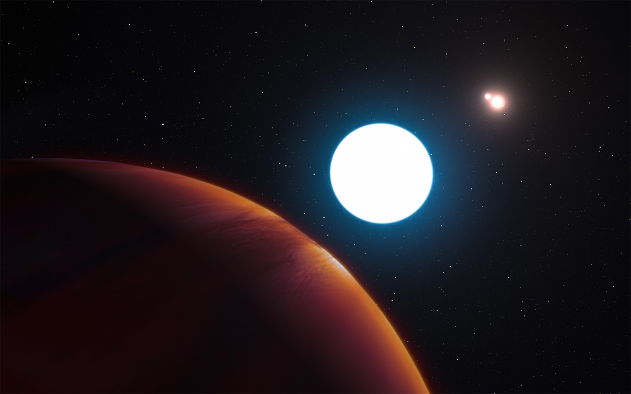 Artist’s impression of planet in the HD 131399 system. A ruddy planet with one large sun and two bright stars in the distance.
