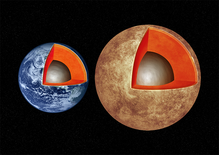 Illustration of Earth's interior compared with an exoplanet.