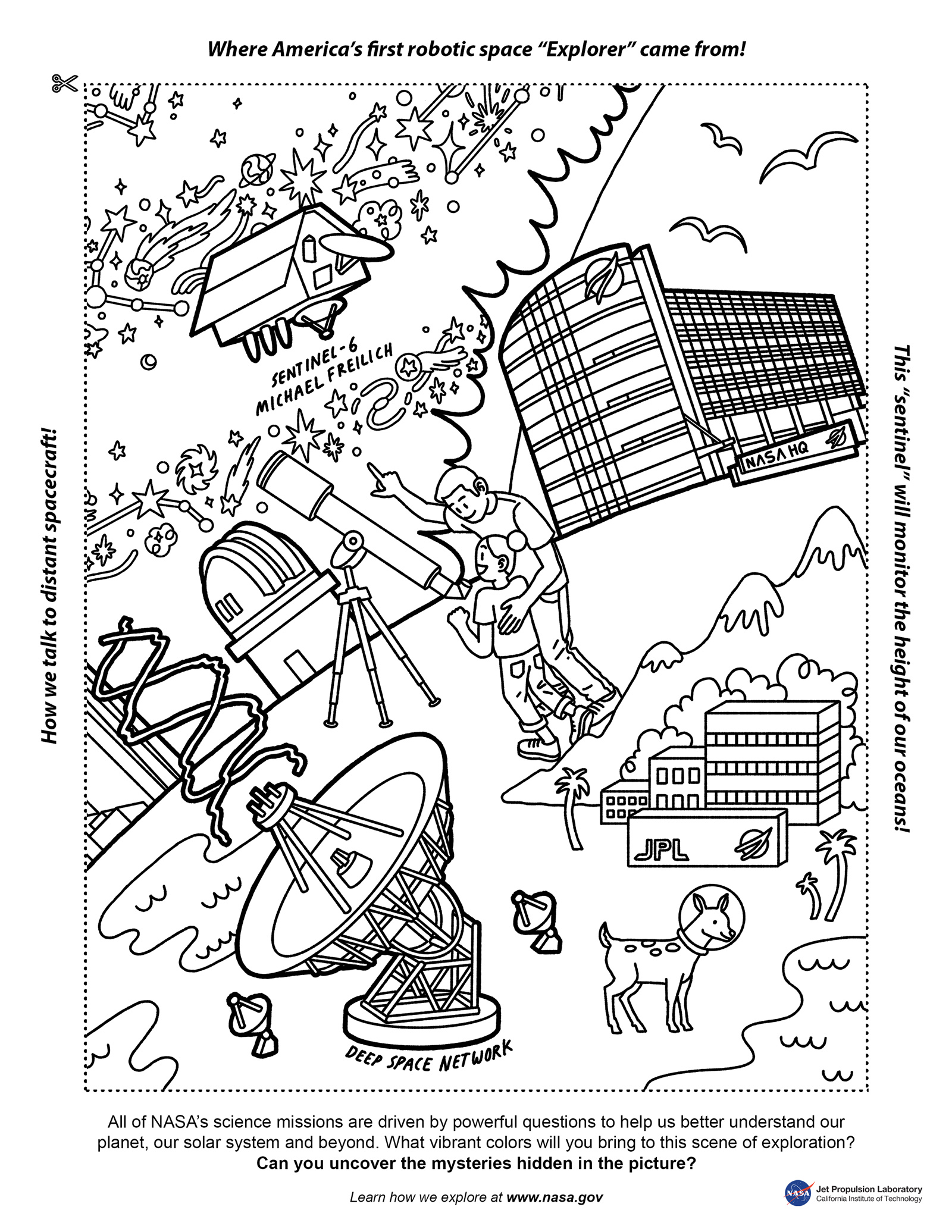 coloring page featuring the Sentinel-6 Michael Freilich spacecraft, NASA HQ, people looking through a telescope, a Deep Space Network antenna, and the JPL campus
