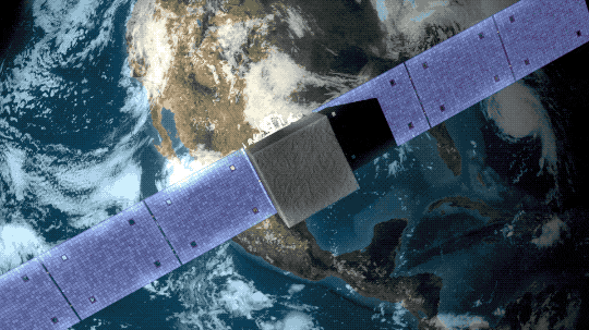 Animation of the Fermi Gamma-ray Space Telescope. The satellite features a large black box structure with white instruments underneath. Two long solar arrays extend from opposite sides, just under the black box.