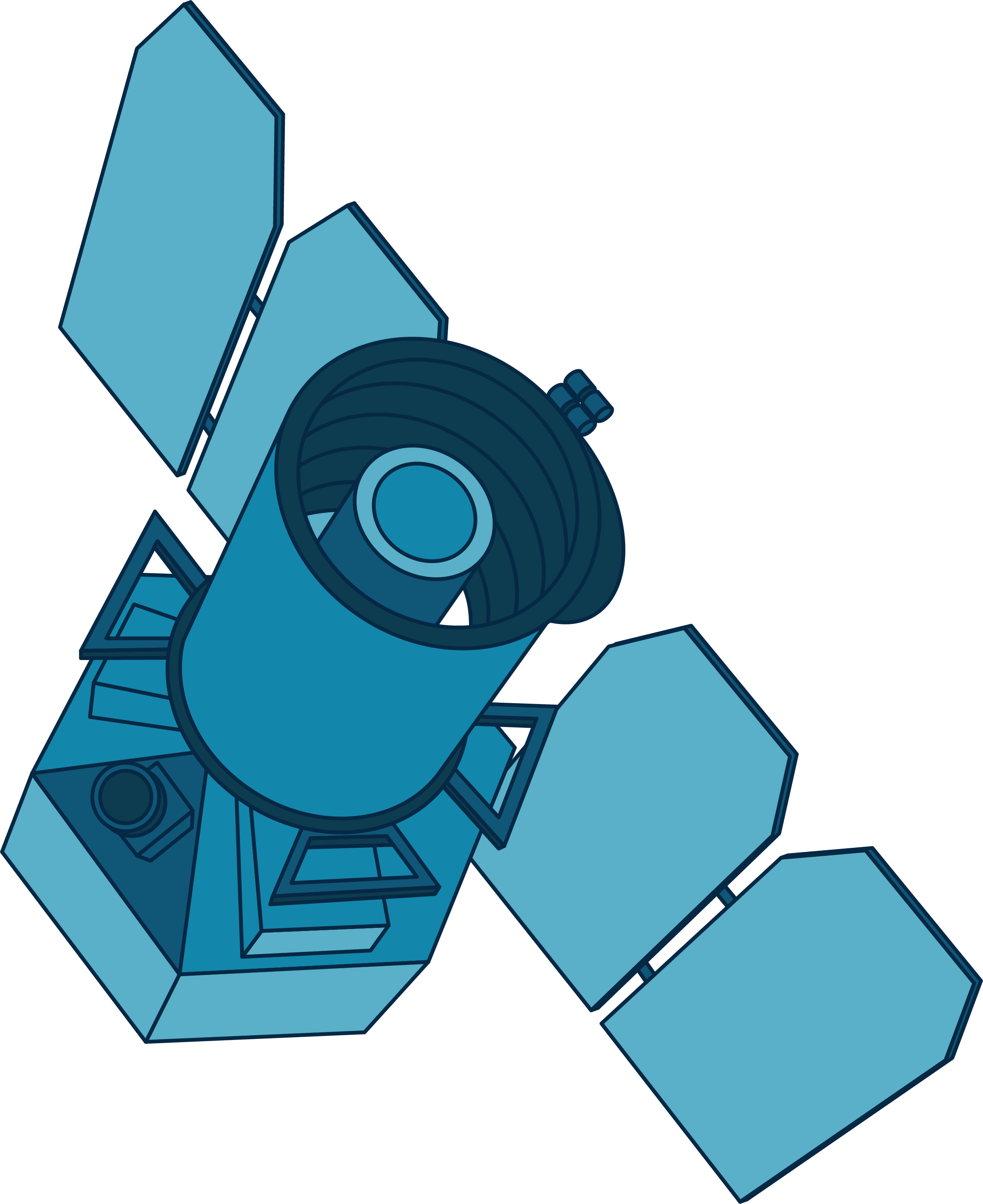 GALEX is illustrated in multiple shades of blue. The spacecraft body is made up of a hexagonal object topped by a cylindrical object. Solar panels extend to either side.
