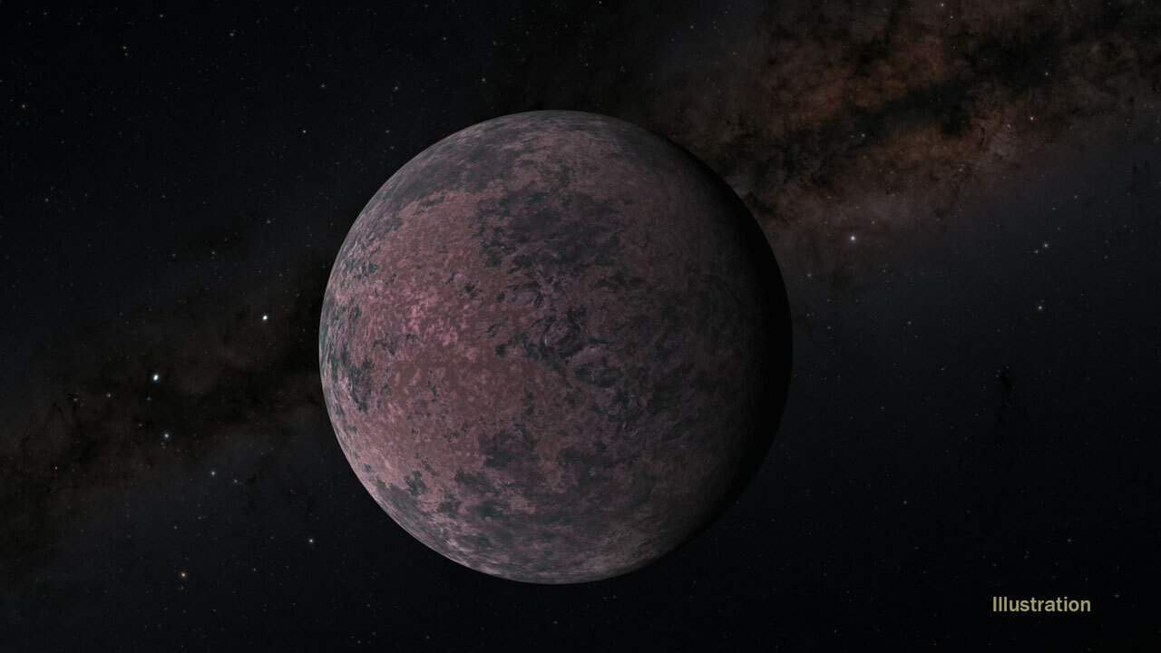 Illustration of the terrestrial super-Earth GJ 1252 b, which lies approximately 65 light-years from Earth. Against a dark galactic background, the planet is a sphere with dull red and gray patches of color.