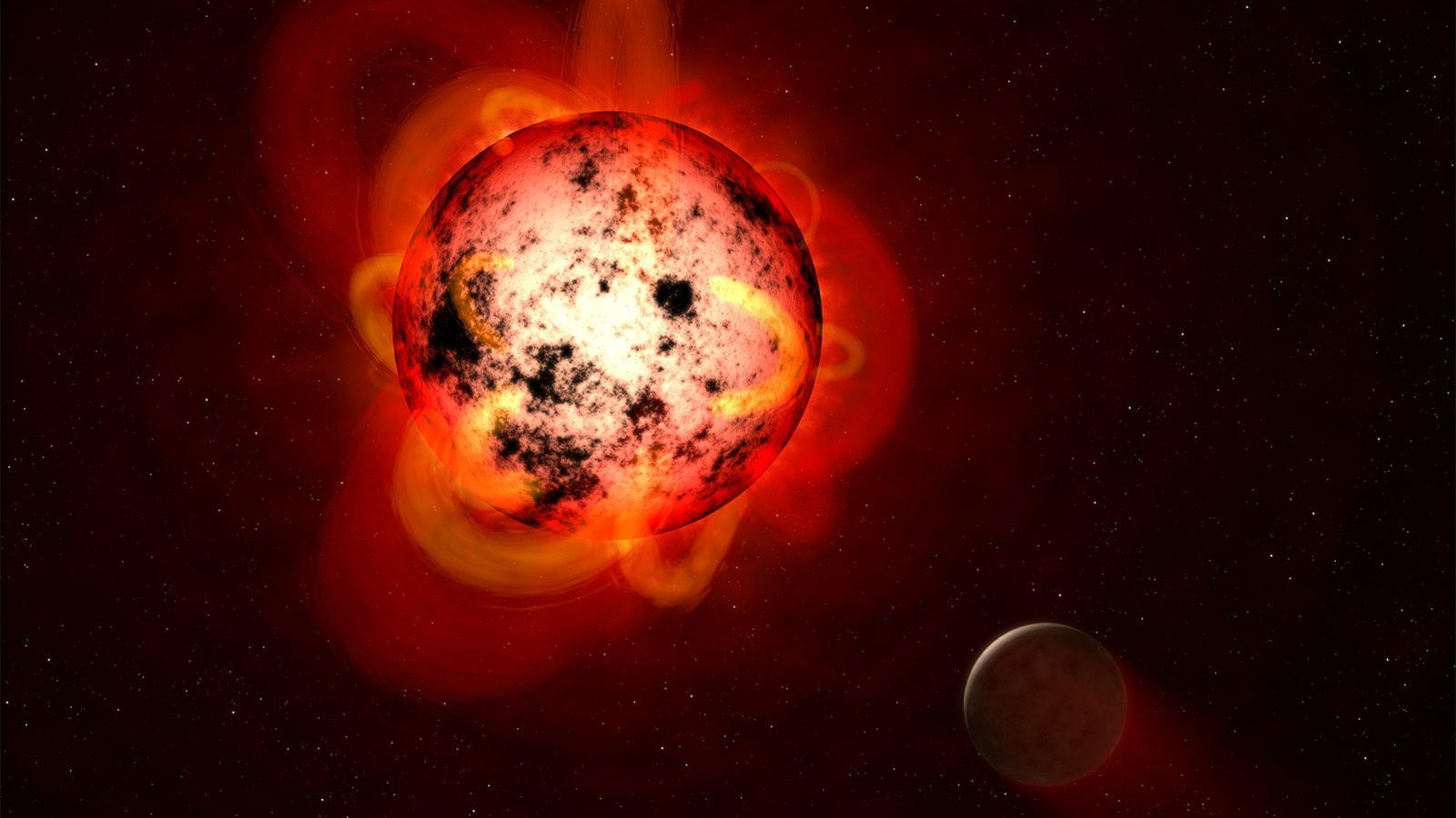 Illustration of red dwarf star and its planet.