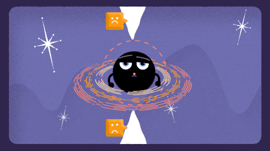 The animation opens with a cartoon black hole sitting in the middle of a purple background with a few stylized stars scattered around. The black hole has an accretion disk around them, shown as swirls of different orange hues. Extending upward and downward are a pair of white cones representing jets of material that can be formed in the region of a black hole. When the animation opens, there are two orange frowning face icons pointing to the jets, then three red frowning face icons with ‘x’s for eyes pop onto the screen. The scene zooms out just a little, and a number of green smiling face icons appear on the outer right and left sides of the scene. These different icons depict how safe it is to be in different locations around a black hole. Then the animation reverses, with the icons disappearing and the scene zooming back into the black hole.