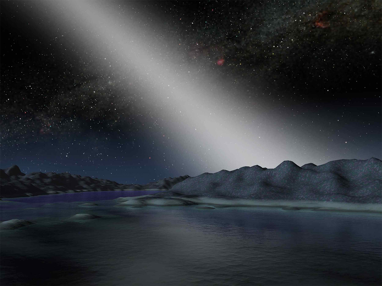 Illustration from a planet's surface of the night sky.
