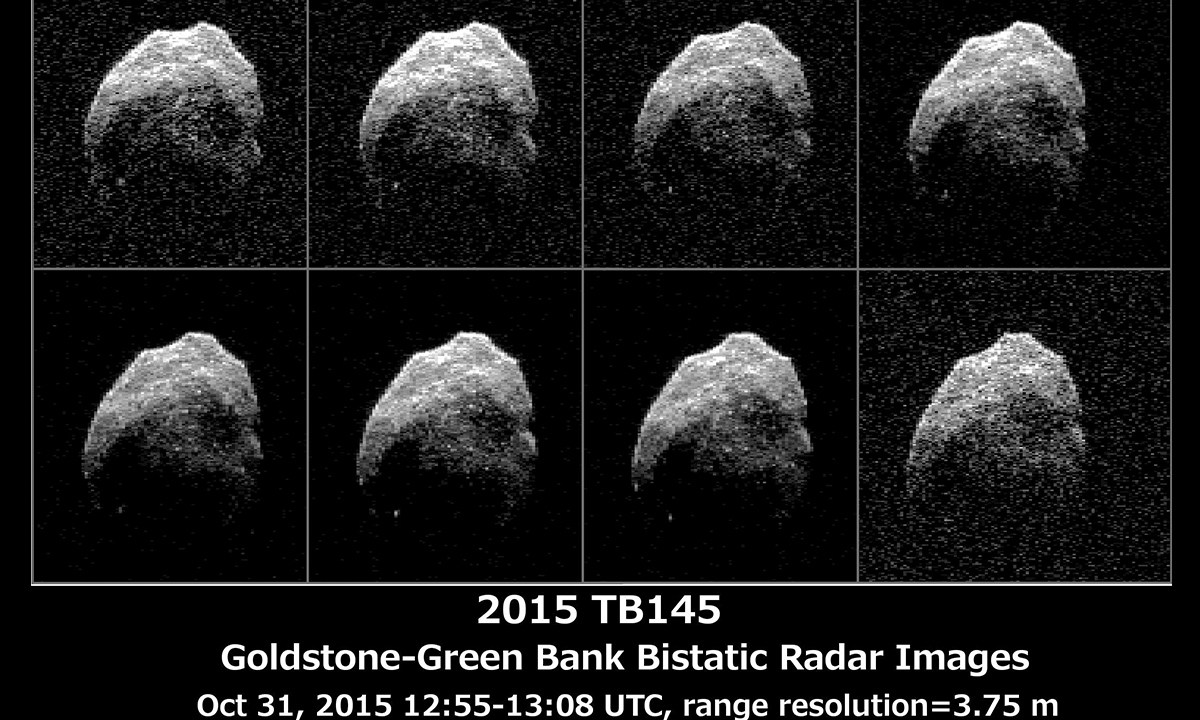 Asteroid 2015 TB145 is depicted in eight individual radar images collected on Oct. 31, 2015 between 5:55 a.m. PDT (8:55 a.m. EDT) and 6:08 a.m. PDT (9:08 a.m. EDT).