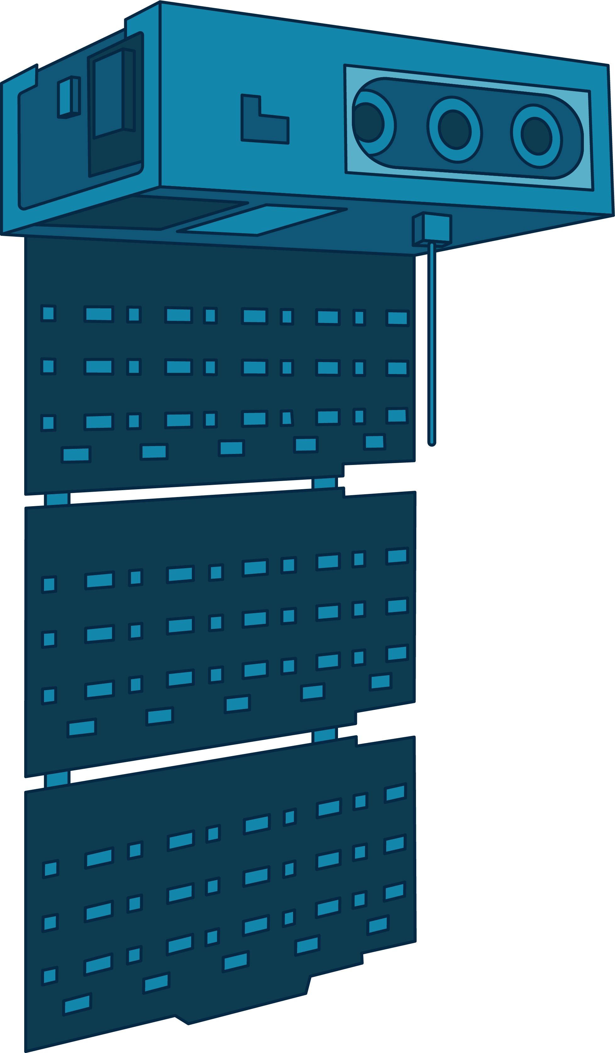 This HaloSat illustration shows the space telescope in shades of blue. The body of the spacecraft is a rectangle with three circles along the long, narrow side. One solar panel extends from the spacecraft body.