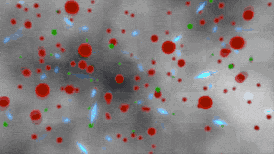 Against a background looking like a fog, a number of red and green particles appear to dance with blue blobs. Then, the red and green particles combine into grey particles, and the blue blobs zoom off. The camera follows one blob as the background turns from a fog, to black, and finally to a starry sky.