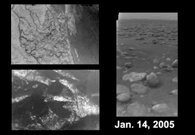 Three black and white images show Titan's surface at various altitudes