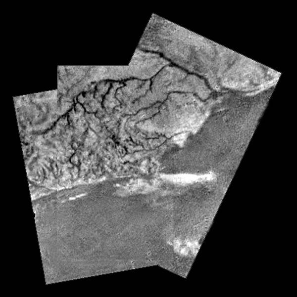 Black and white image showing drainage channels from above.
