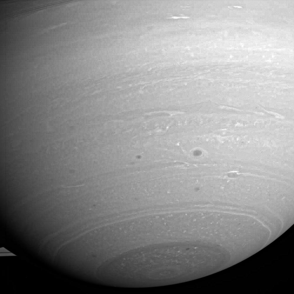 An image of Saturn's southern hemisphere and south polar region