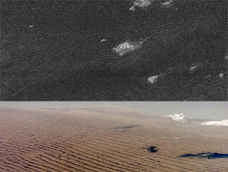 Sand dunes on Titan, upper image, and on Earth