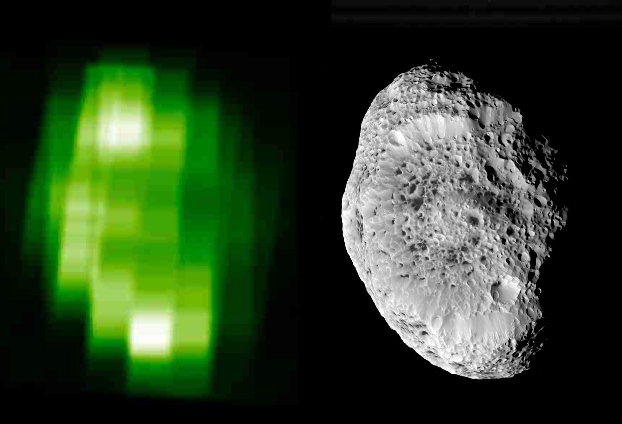 An ultraviolet image of Hyperion (left) and Hyperion (right)