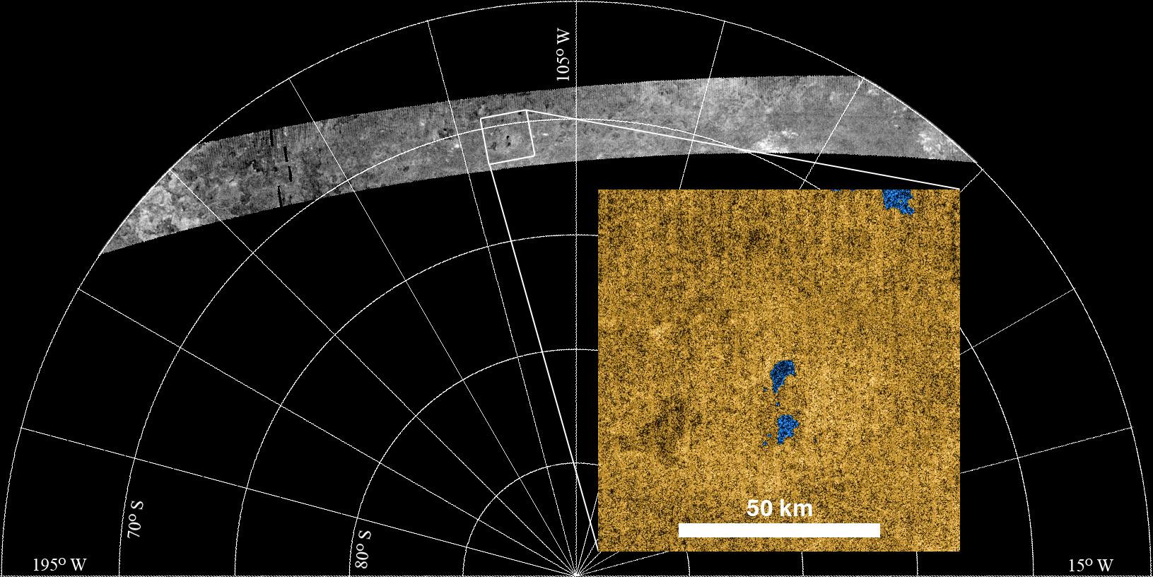 Cassini radar images of a portion of Titan's surface on an illustration showing the relative size of the moon
