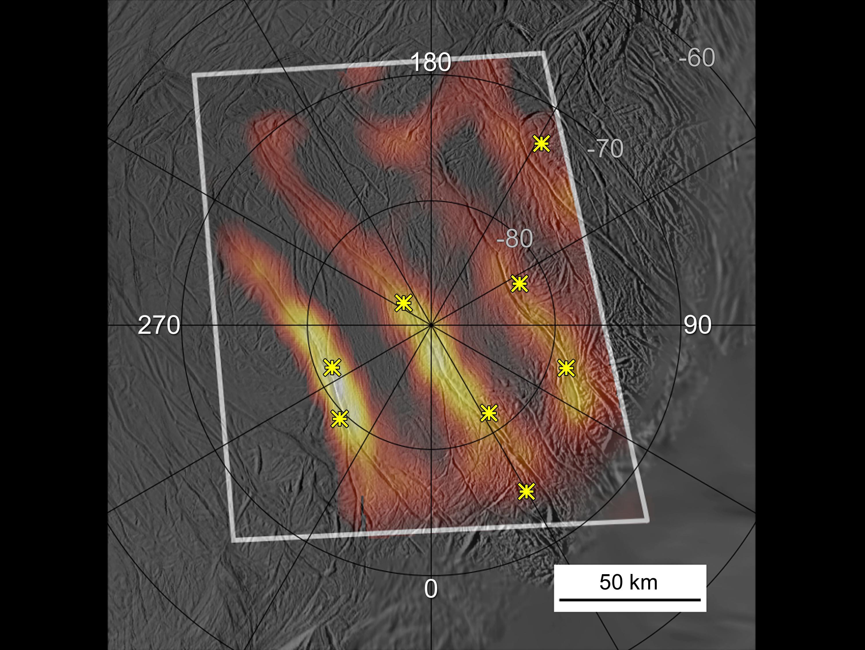 Annotated heat map of the active south polar region of Enceladus