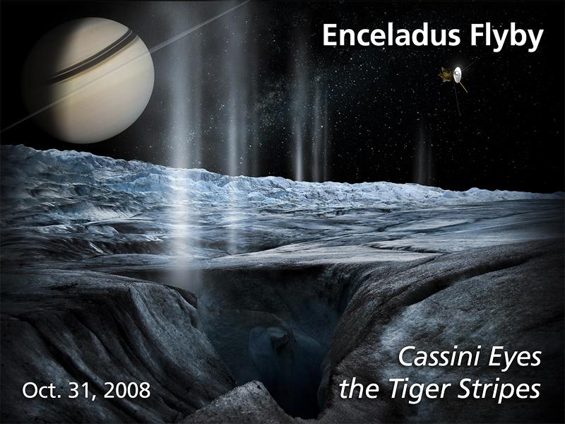Artist's rendition of the Oct. 31, 2008 Enceladus flyby