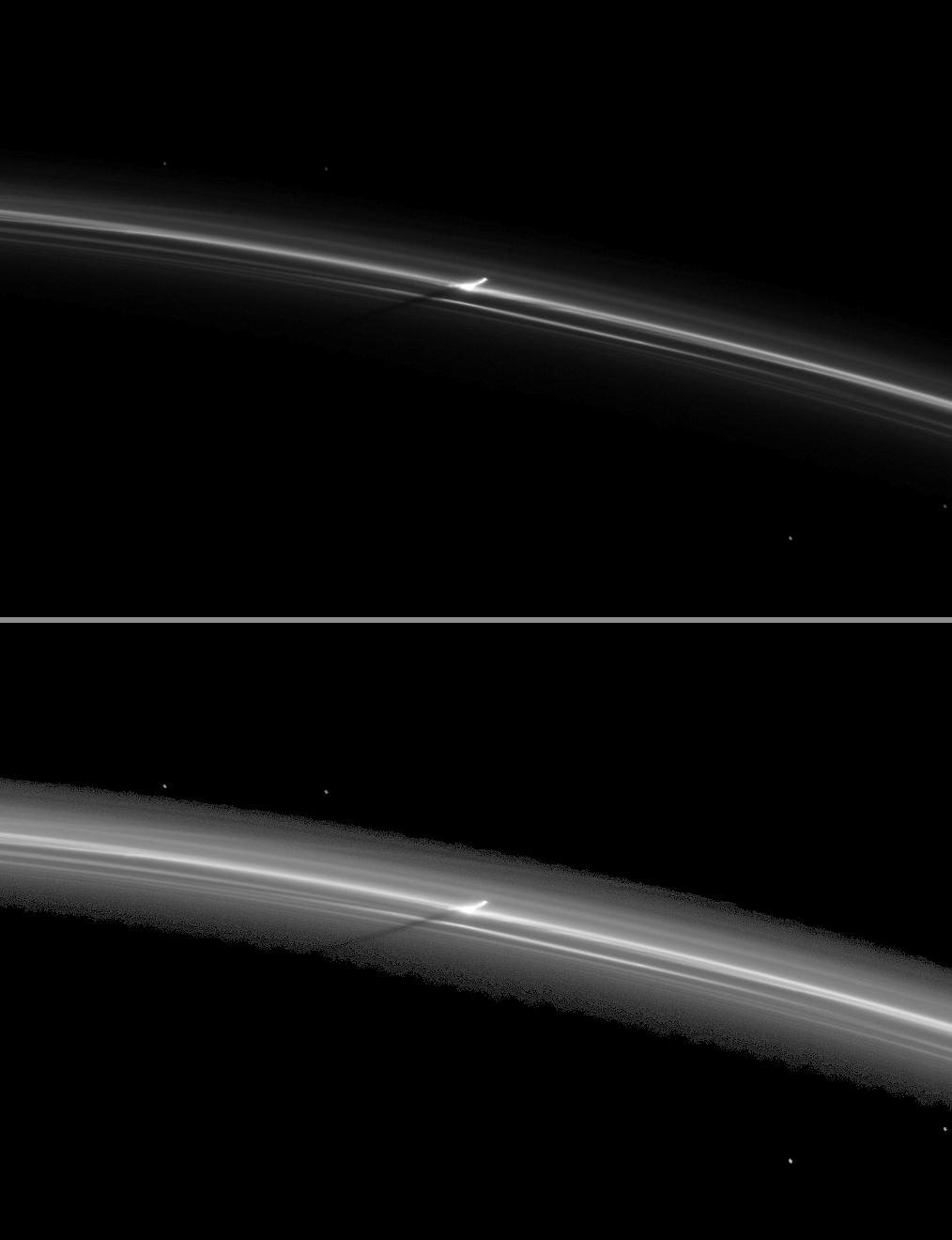 a shadow is cast by a narrow, vertically extended feature in the F ring.