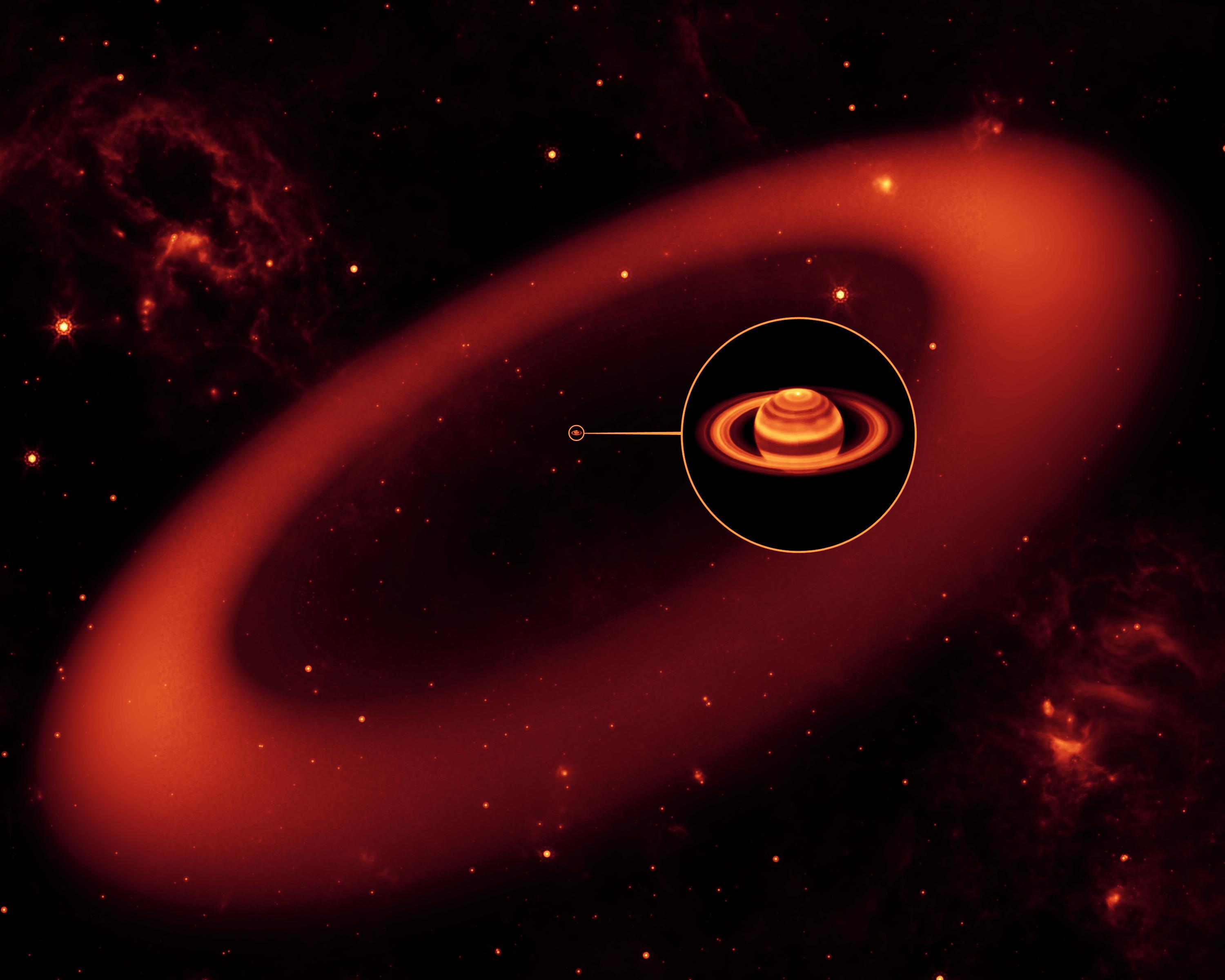 This artist's conception shows a nearly invisible ring around Saturn -- the largest of the giant planet's many rings.