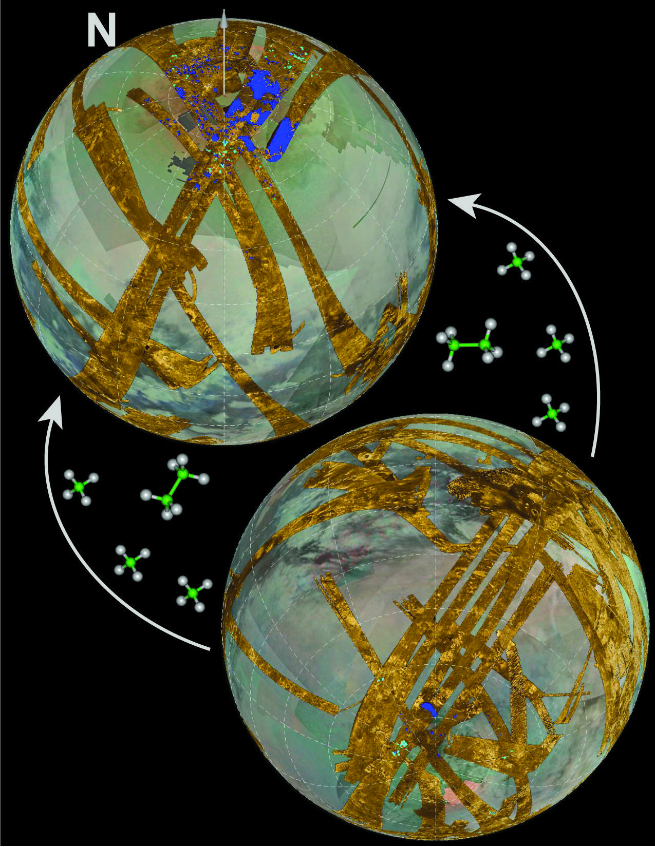 The northern and southern hemispheres of Titan, showing the disparity between the abundance of lakes in the north and their paucity in the South.
