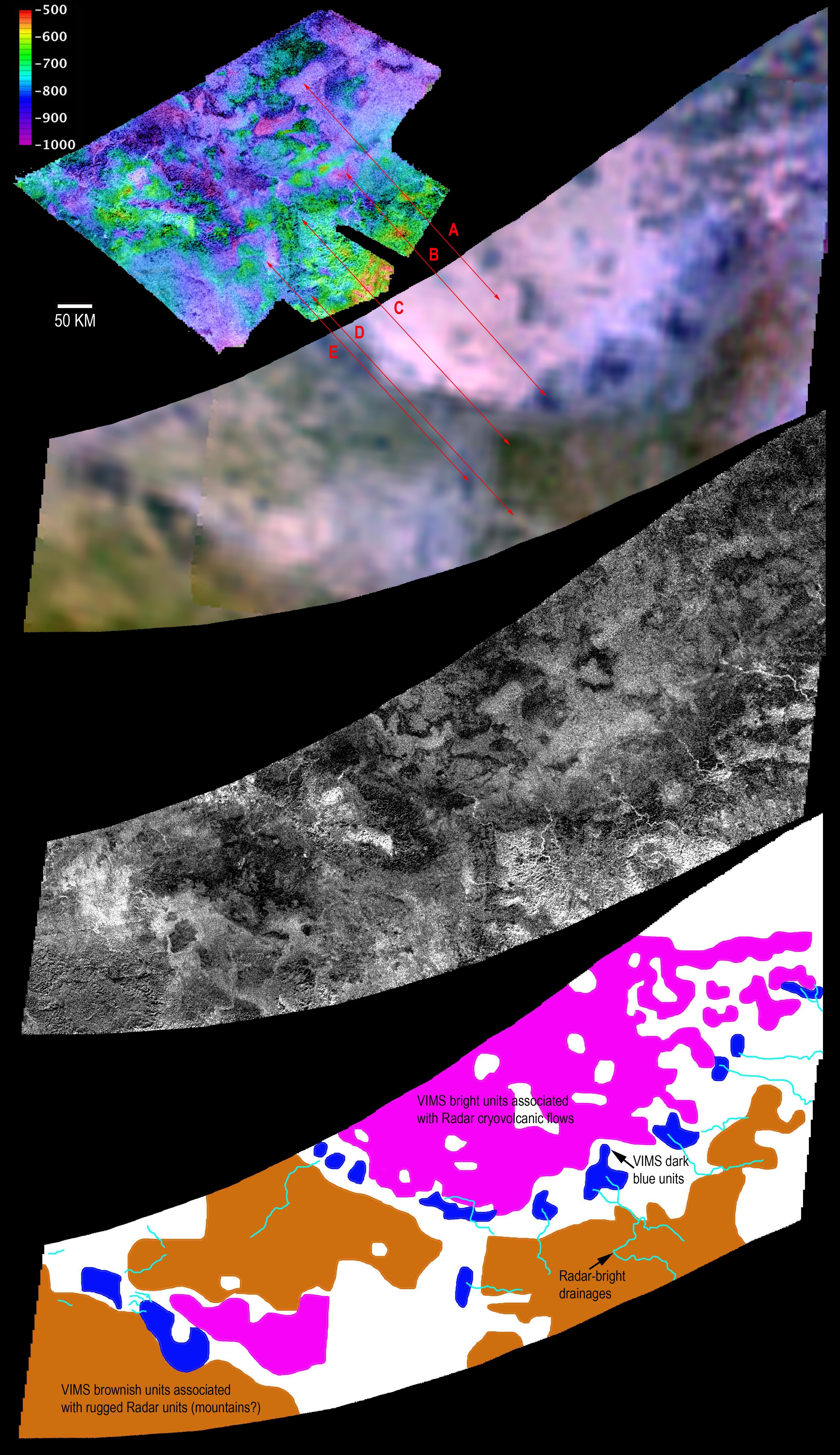 Four views of a section of Titan's surface from different science instruments.