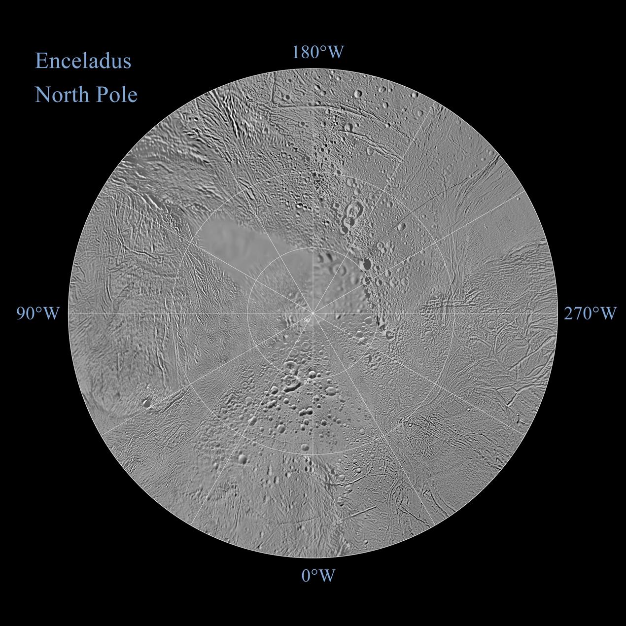 The northern and southern hemispheres of Enceladus are seen in these polar stereographic maps