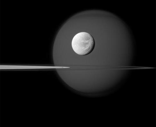 Close-up view of Dione and Titan