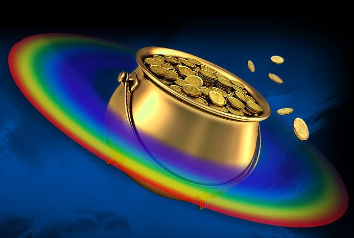Artists concept of a bowl of gold in the place of Saturn and the rings replaced by a rainbow
