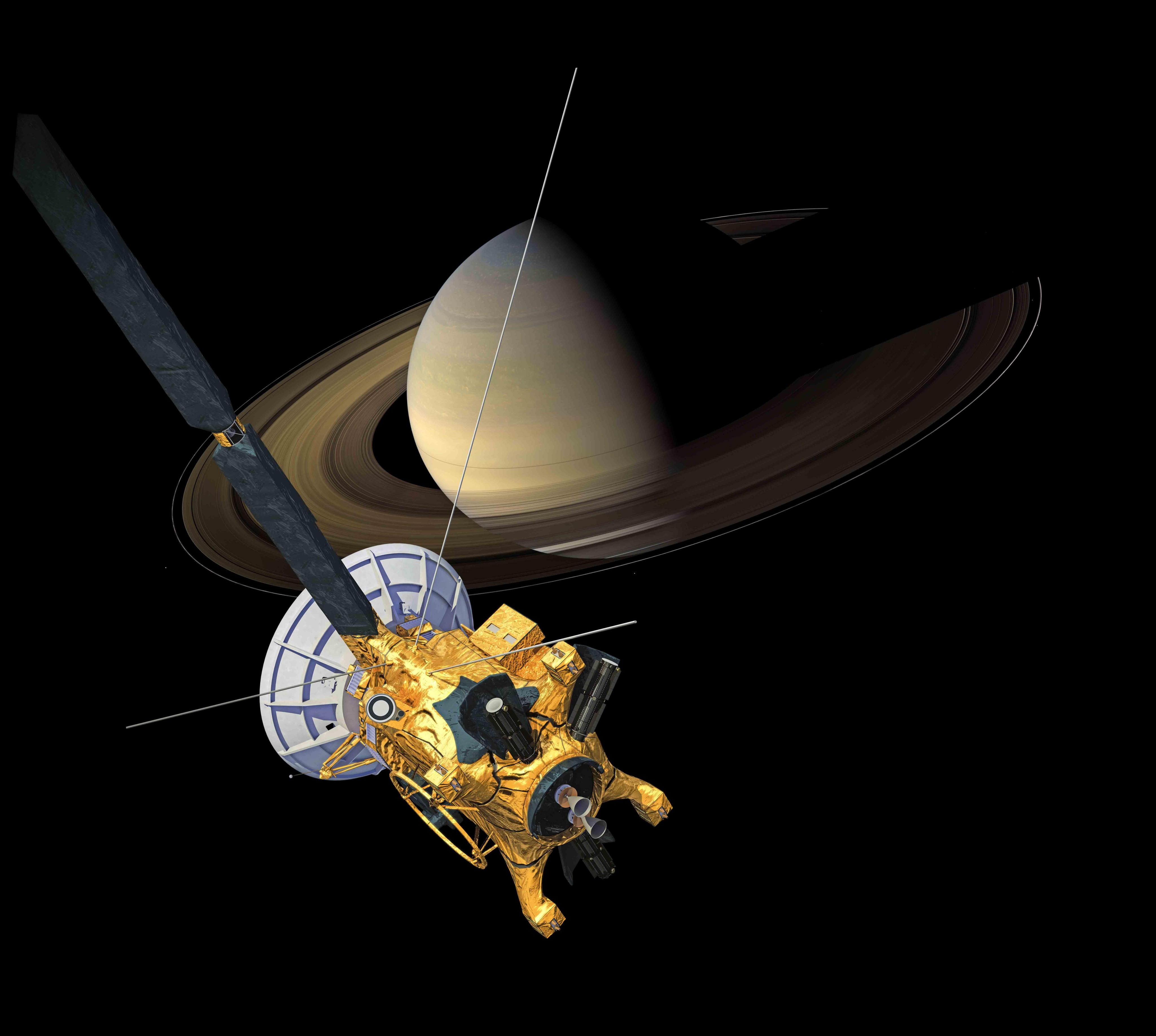 Saturn's shadow passes over its rings as the Cassini spacecraft looks on in this artist's concept.