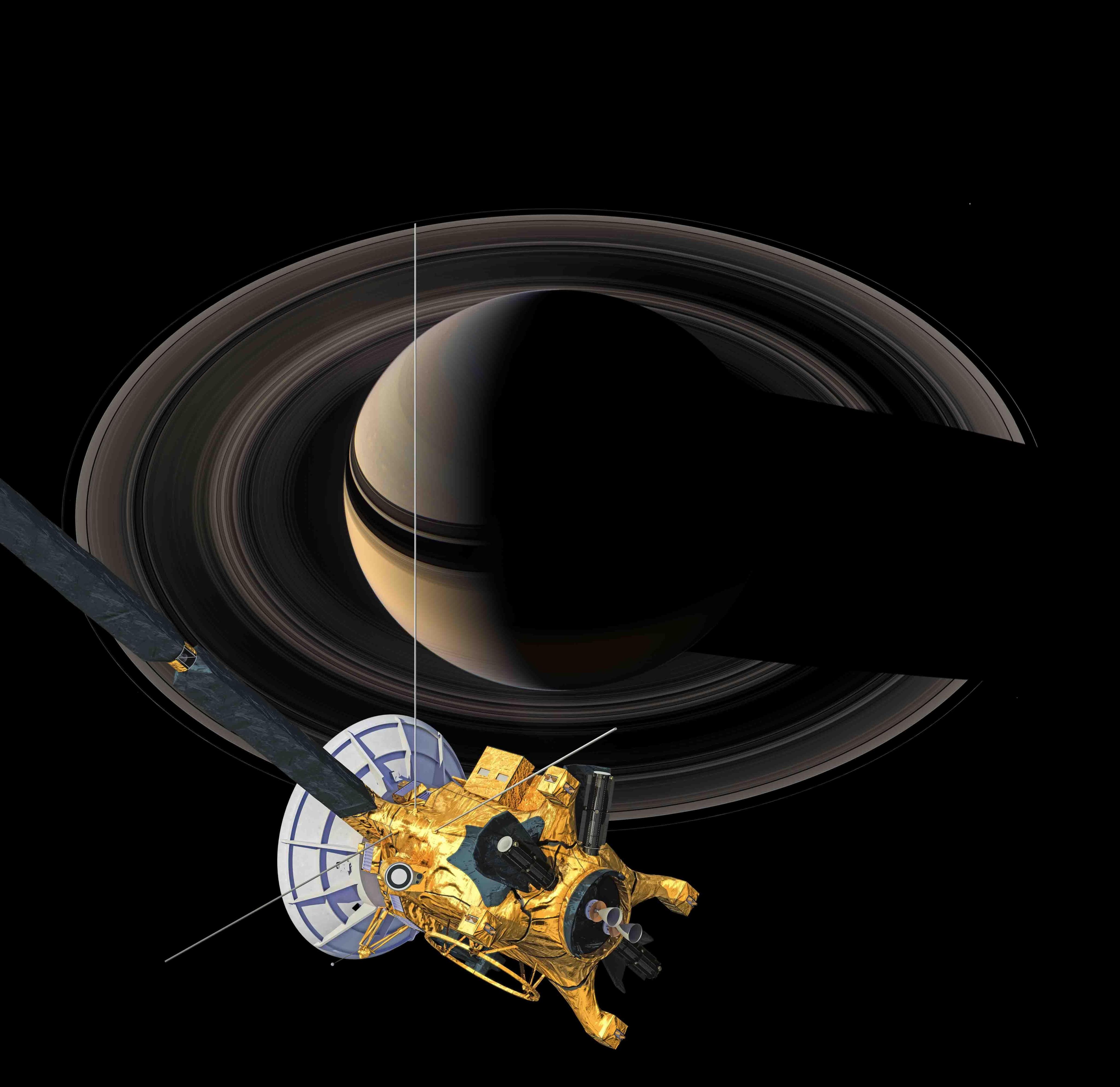 Saturn's shadow passes over its rings as the Cassini spacecraft looks on in this artist's concept.