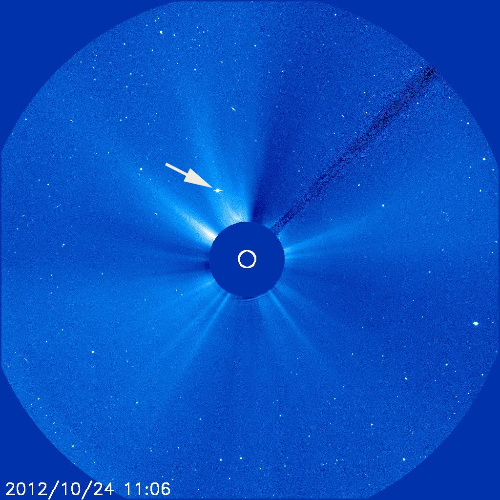 This Solar &amp; Heliospheric Observatory (SOHO) image, taken Oct. 24, 2012, at 11:06, UTC shows a view of Saturn as it passes behind the sun, Cassini spacecraft in tow.