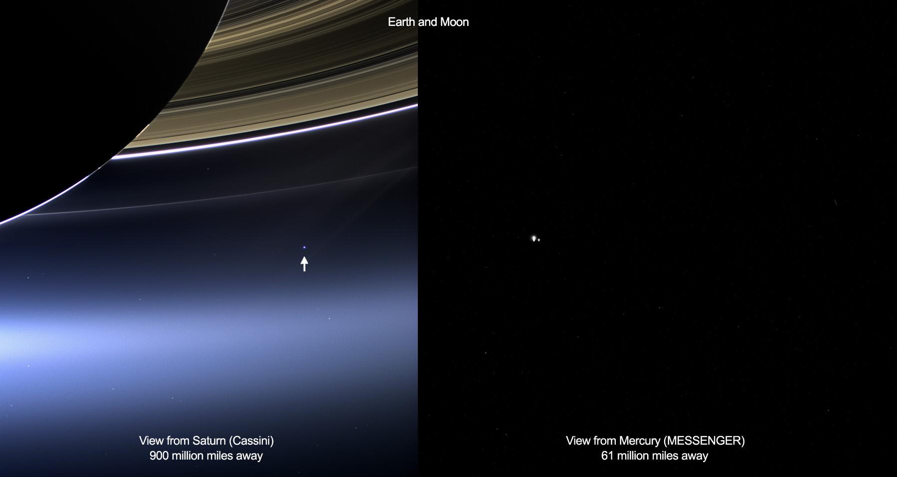 These images show views of Earth and the moon from NASA's Cassini (left) and MESSENGER spacecraft (right) from July 19, 2013.