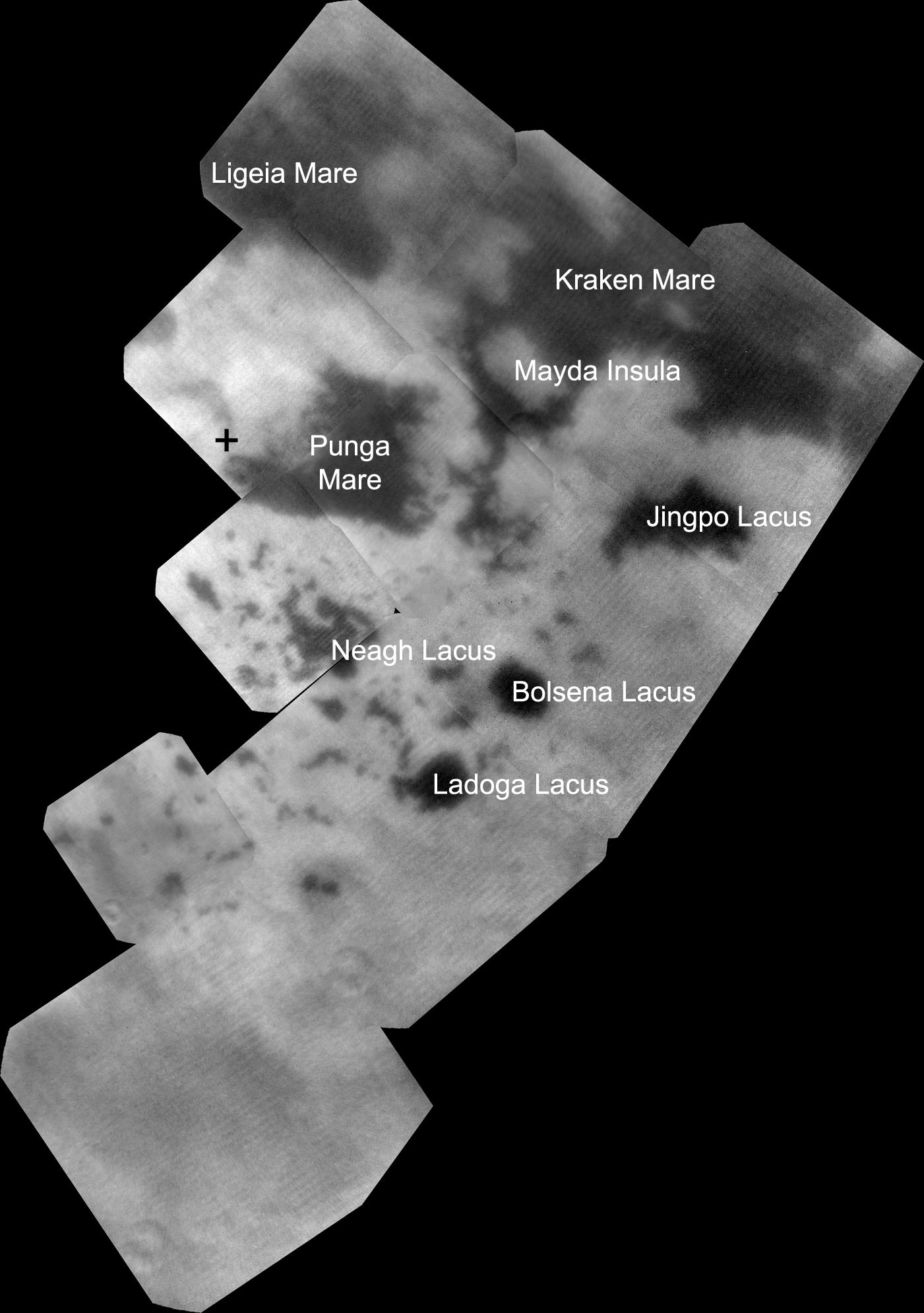 The vast hydrocarbon seas and lakes (dark shapes) near the north pole of Saturn's moon Titan sprawl out beneath the watchful eye of NASA's Cassini spacecraft.
