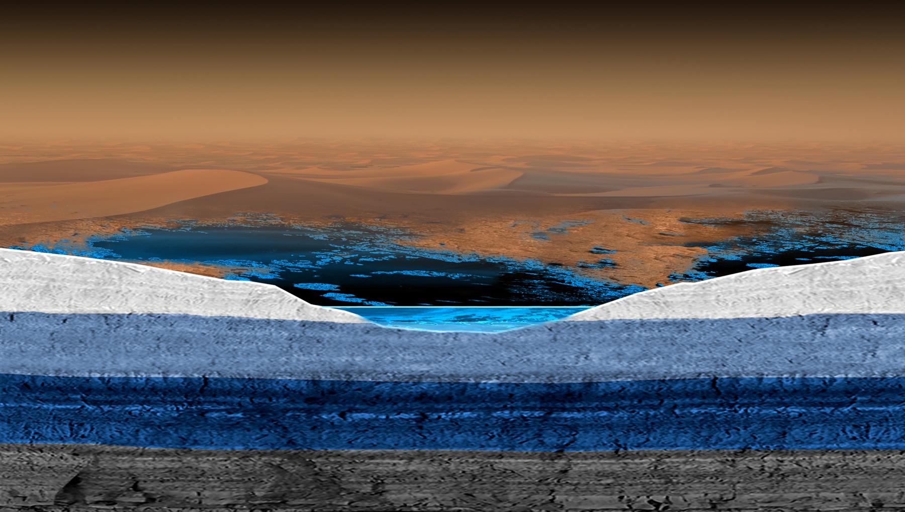 This artist's rendering shows a cross-section of the surface and subsurface of Saturn's moon Titan, with a possible model for the structure of underground liquid reservoirs there.
