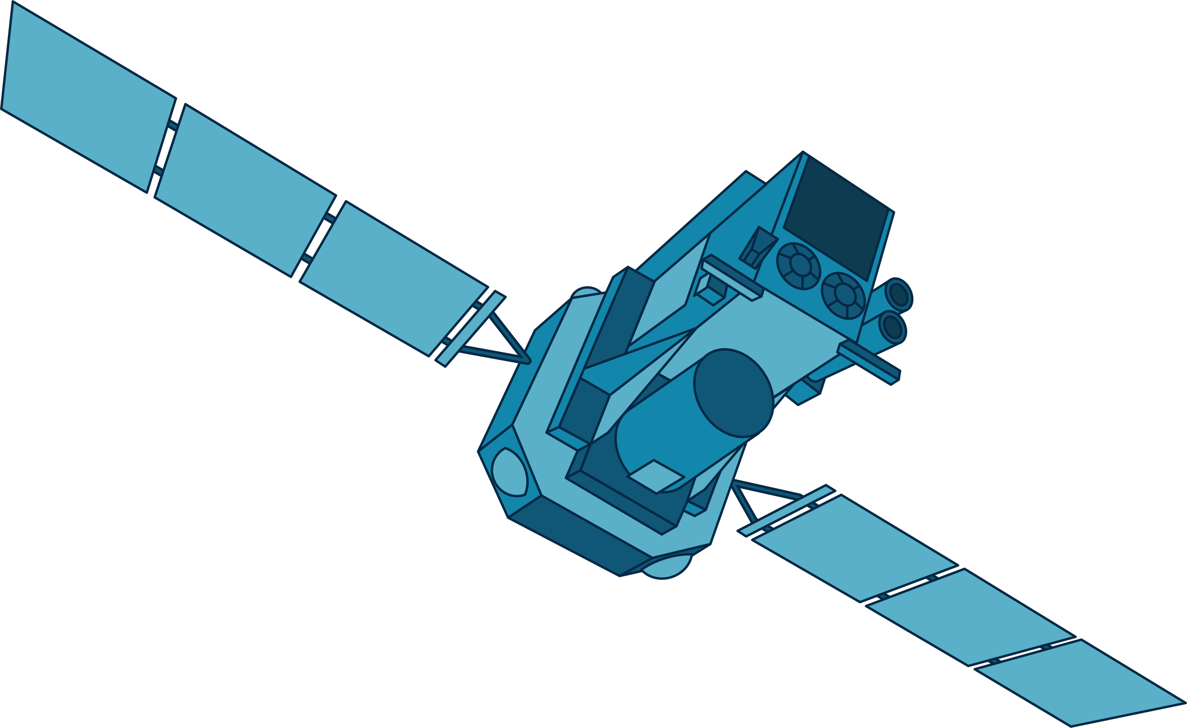 This INTEGRAL illustration shows the space telescope in shades of blue. The main body of the spacecraft is made of an octagonal base. A long rectangle extends from the base above a cylinder. Solar panels extend from either side of the base.